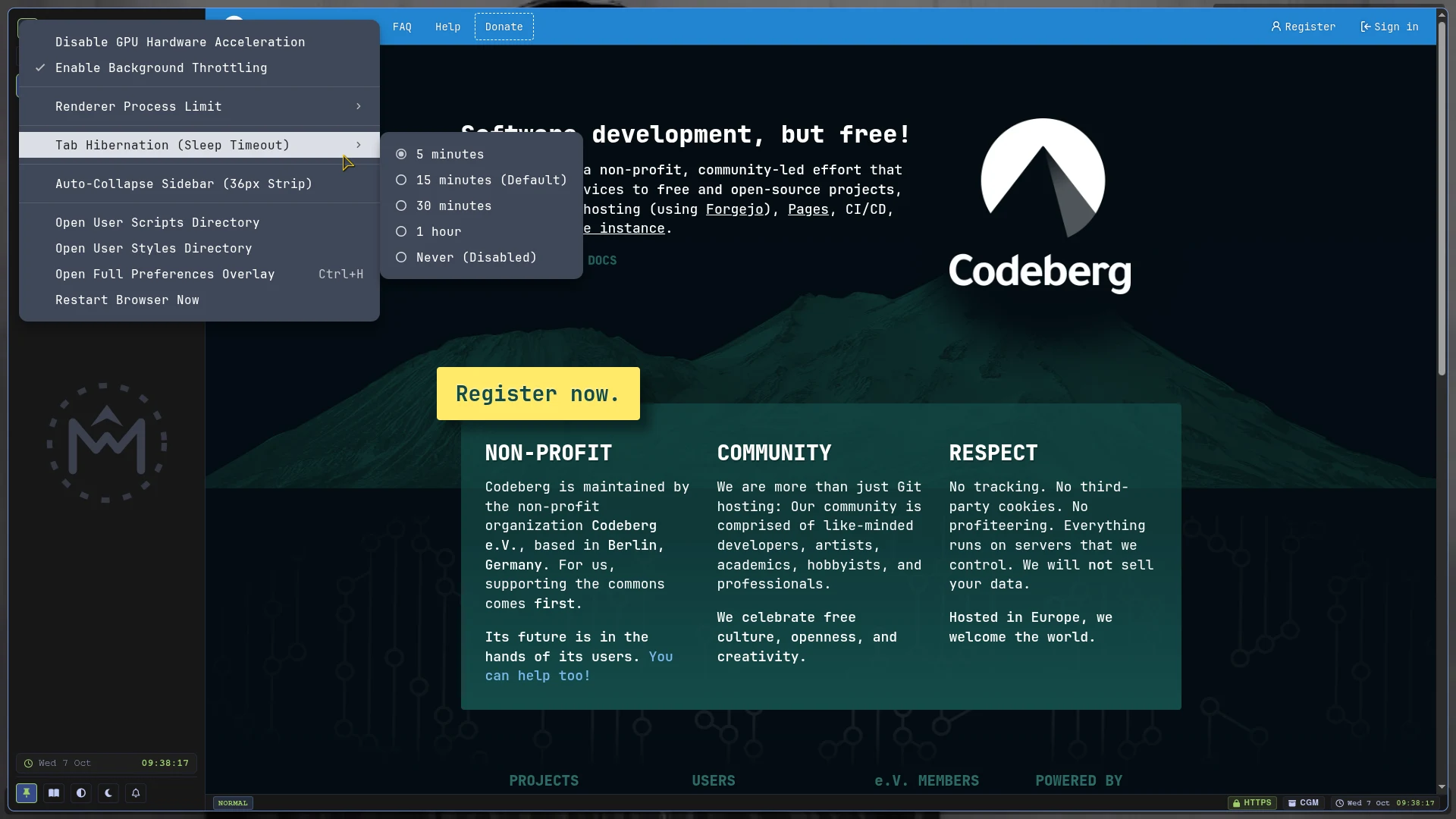Mise Settings Tab Hibernation Menu