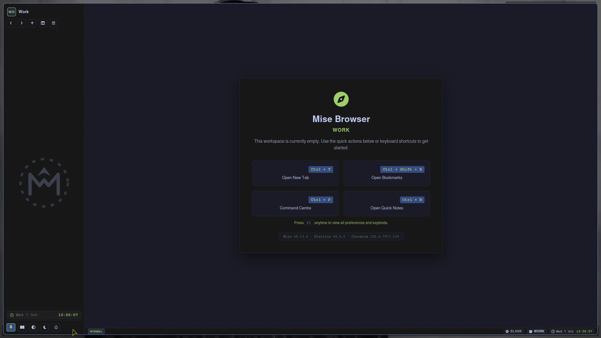 Mise Browser Workspace Welcome Screen