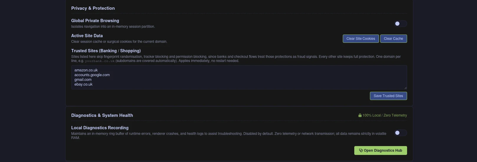 Privacy and Trusted Sites Configuration