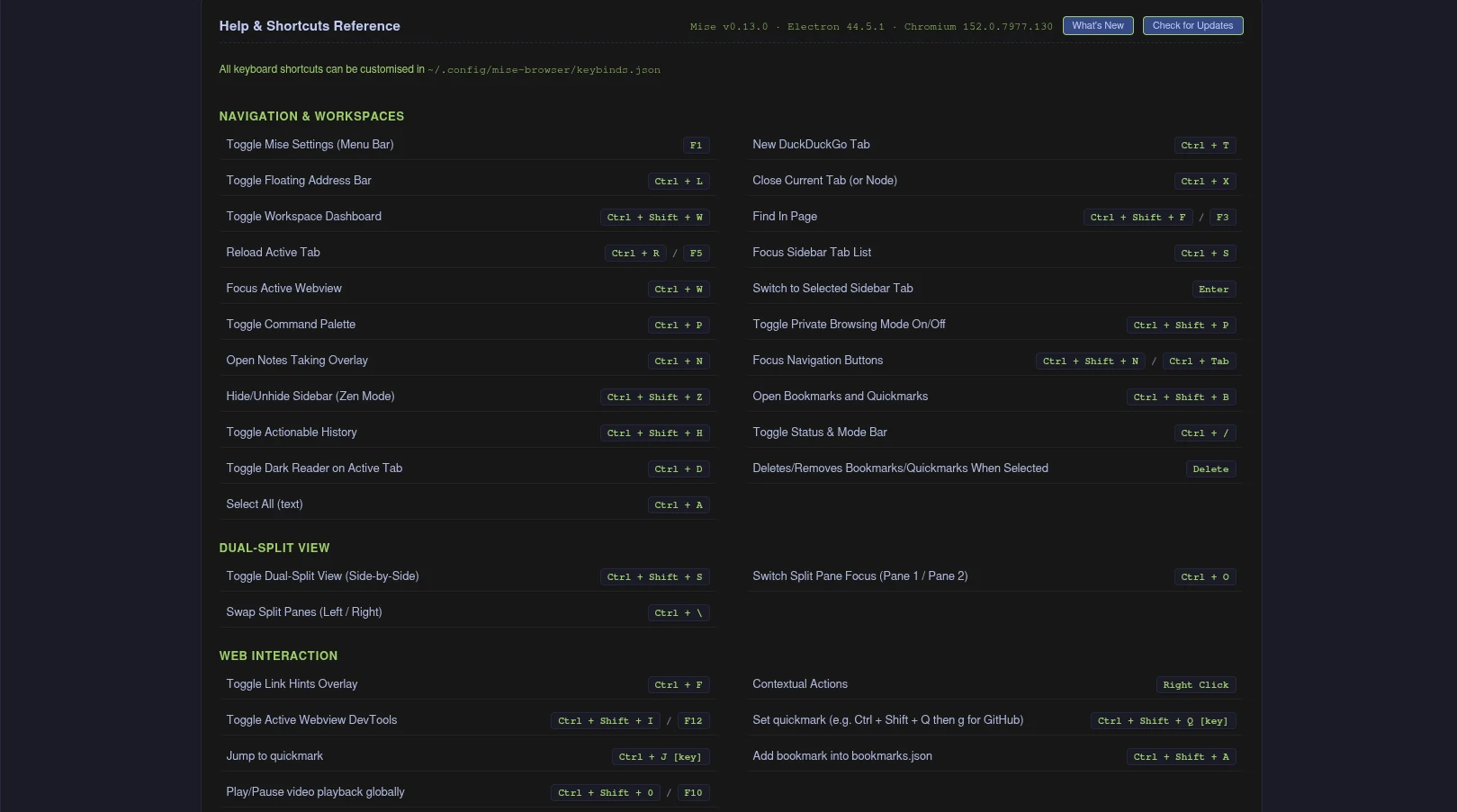 Mise Browser Help and Shortcuts Reference