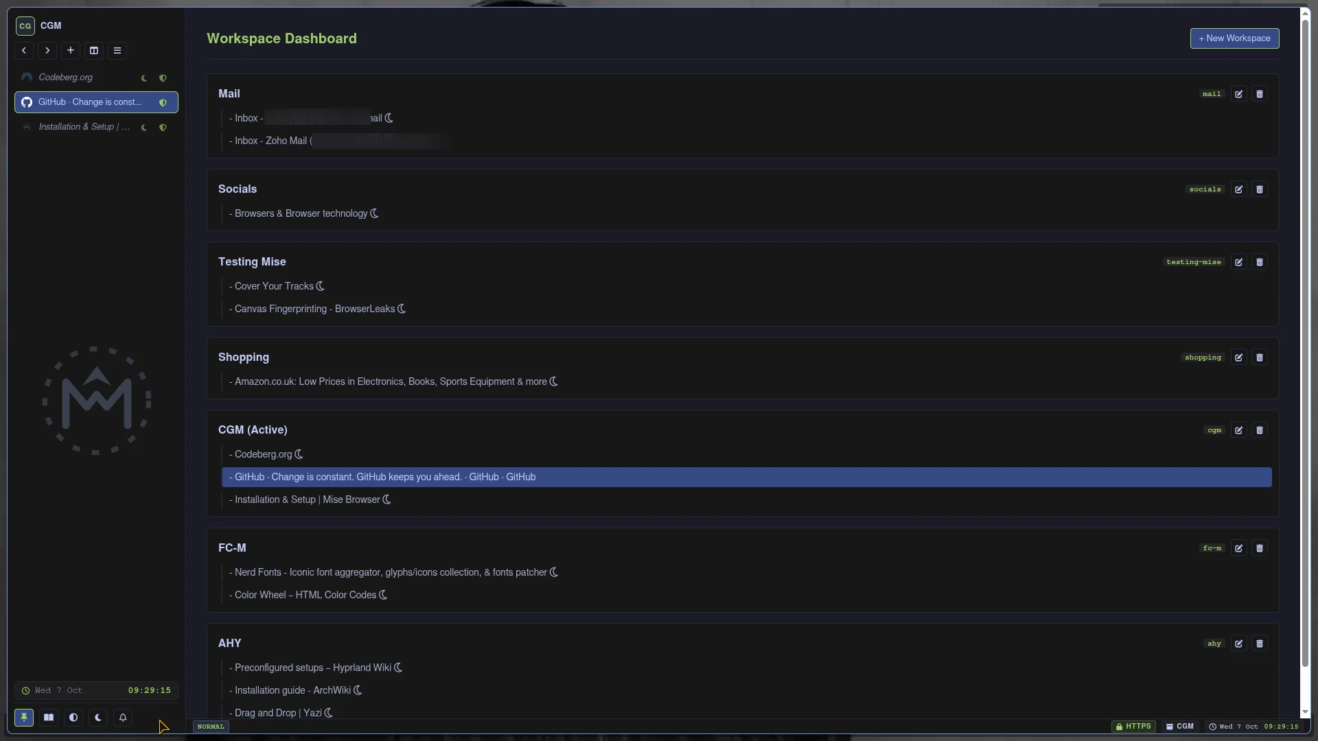 Mise Browser Workspace Dashboard
